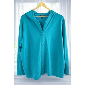 Denim &‎ Co Beach French Terry Knit Hooded Button Jacket Aqua Green Pockets 2x
